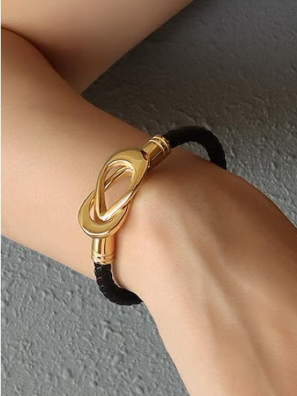 Stainless Steel Gold Knot Magnetic Clasp Black Braided Bangle NWOT